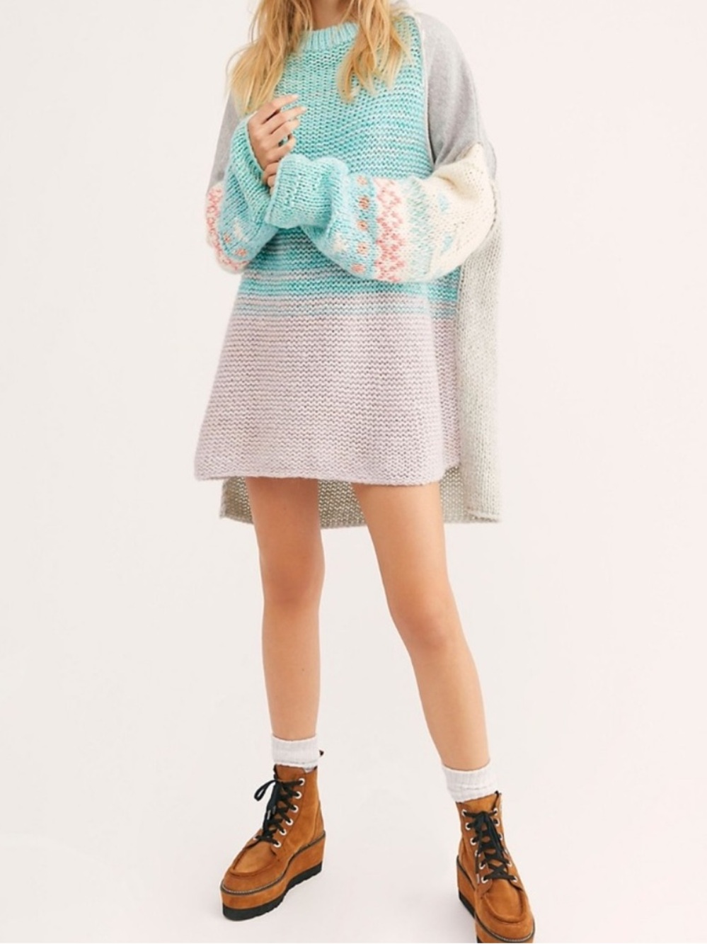 Free People Mint, Heather Gray & Cream Oversized Knit Cowl Sweater